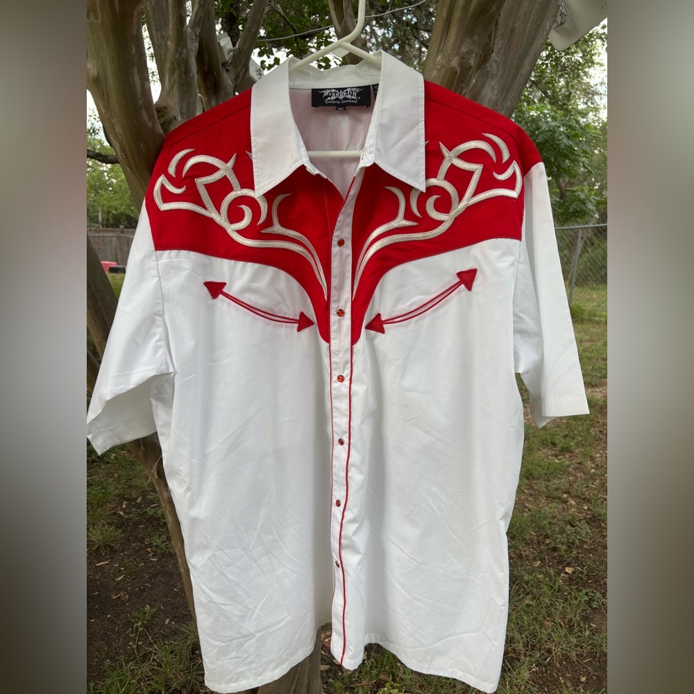 Vintage Dragonfly Red & White Snap Western Country Embroidered Shirt XL